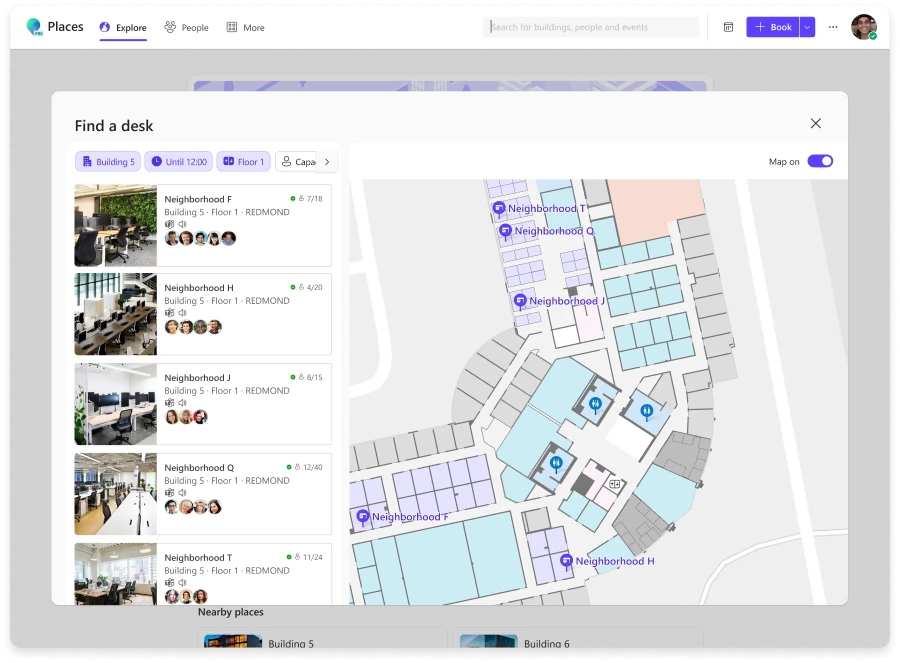 Places app open to the finder. Find a desk screen shows available desks and locations on the left and a map of the office building on the right.