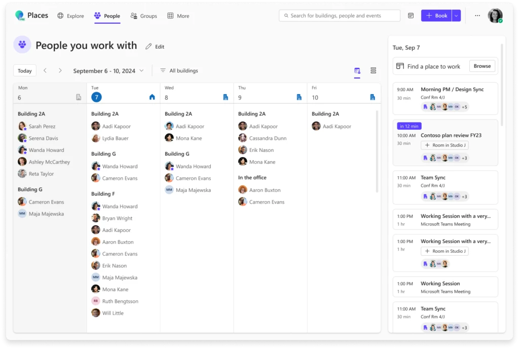 Screenshot of the Places app open to the People tab with a location plan screen. A list of colleagues in each building is shown by day and a panel on the right to book space and see meetings for the day.
