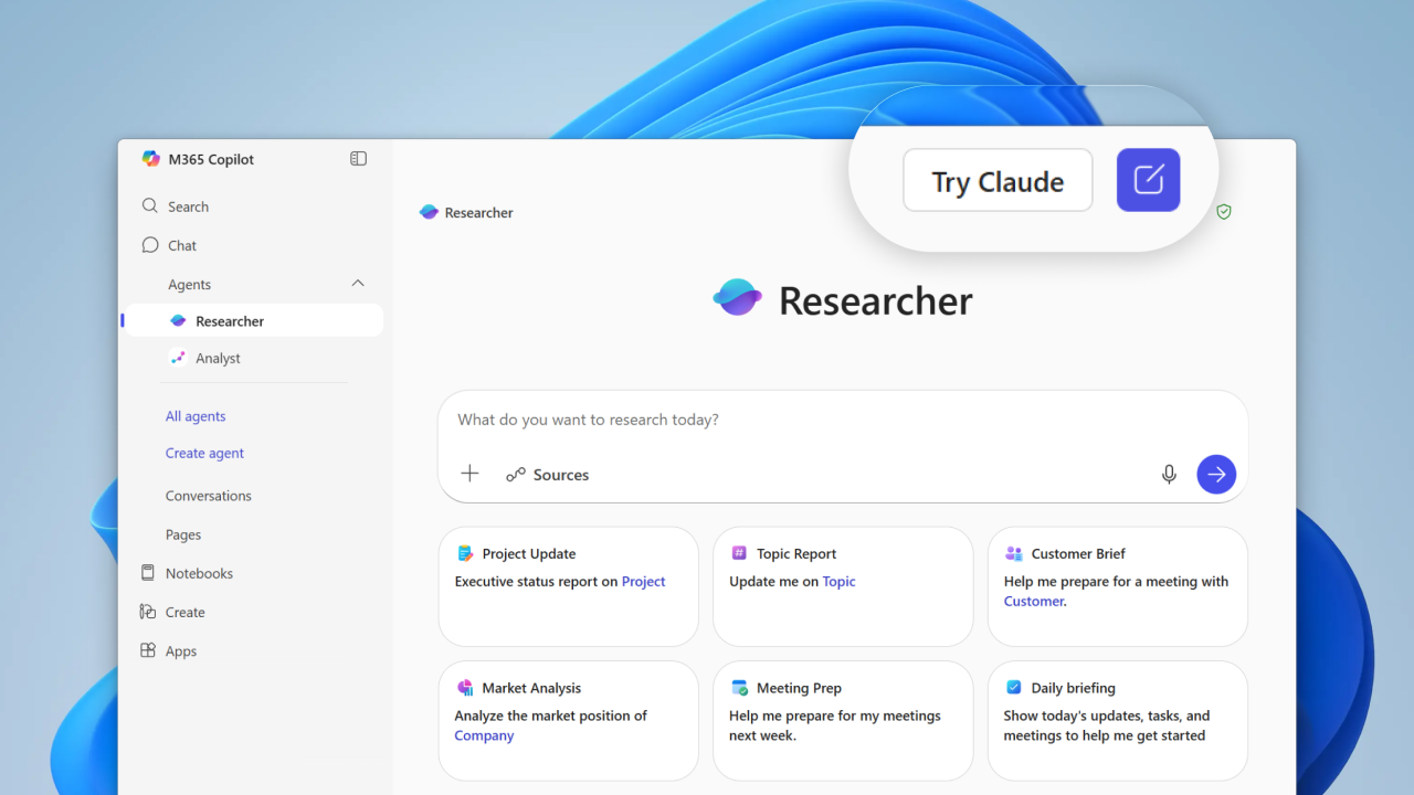 The Researcher agent in Microsoft 365 Copilot with an option to try Claude
