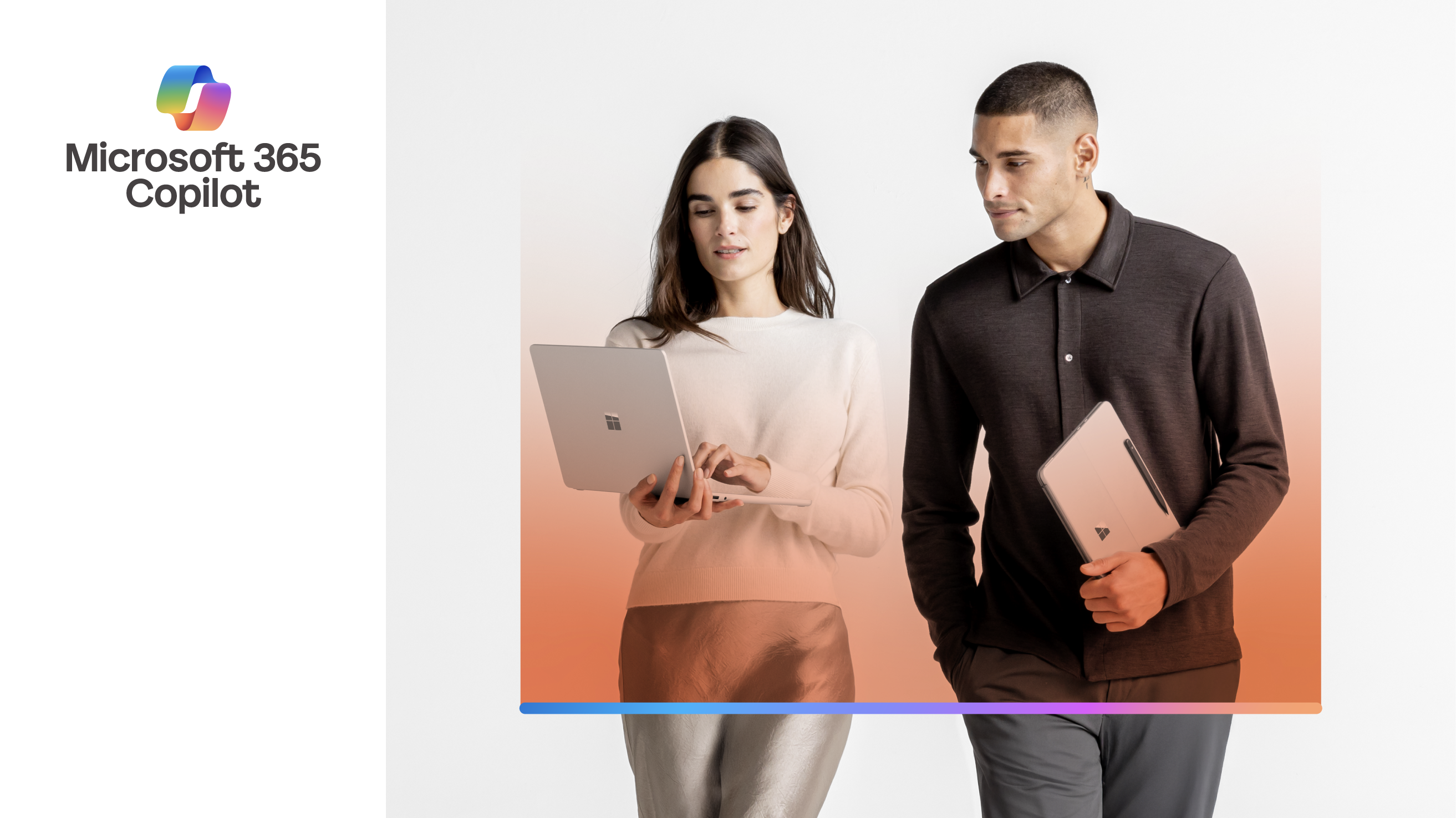 A man and woman holding laptops with text that reads "Microsoft 365 Copilot"