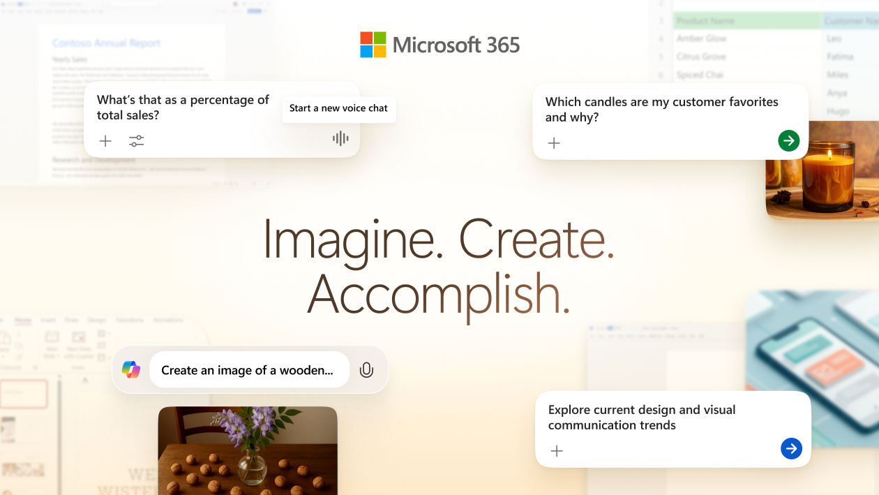 A decorative image that says Imagine. Create. Accomplish and has the Microsoft 365 logo.