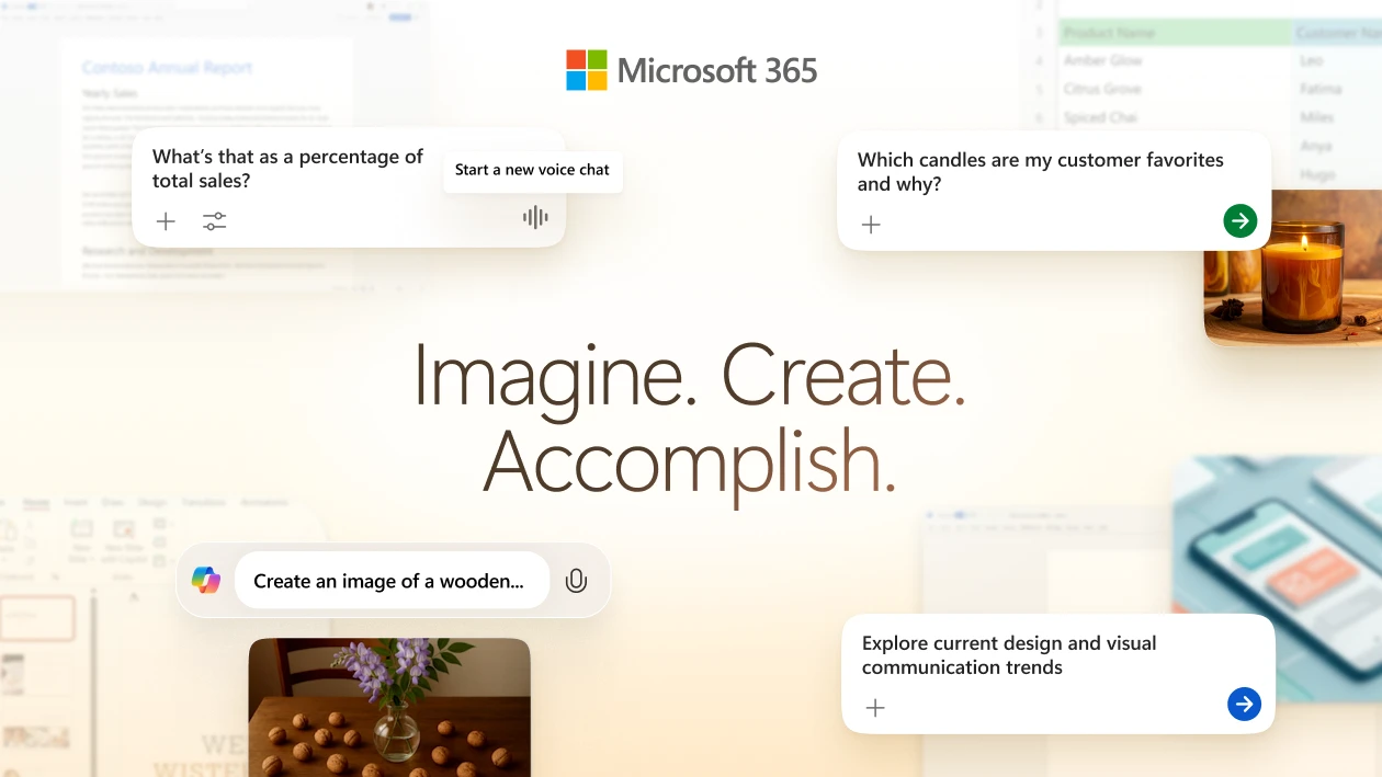 A decorative image that says Imagine. Create. Accomplish and has the Microsoft 365 logo.