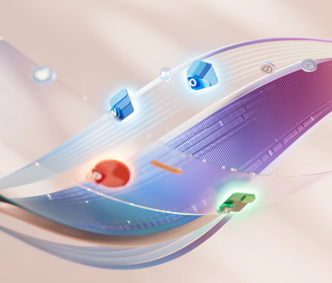 A decorative image of abstract art and the Microsoft 365 icons