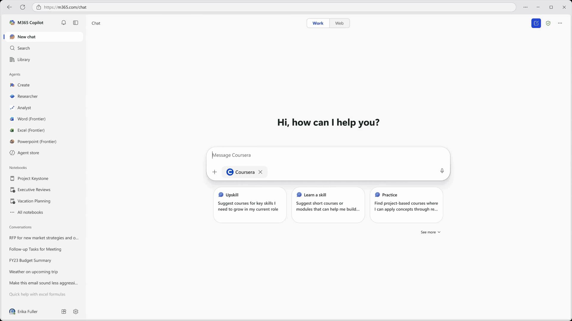 Microsoft 365 Copilot chat interface showing a prompt connected to Coursera with suggested skill‑building actions.