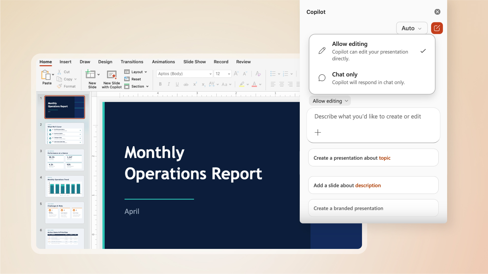 Microsoft PowerPoint interface showing a presentation titled ‘Monthly Operations Report’ with a dark blue cover slide labeled April. The Copilot pane is open on the right with options to edit the presentation, add slides, or create a presentation.