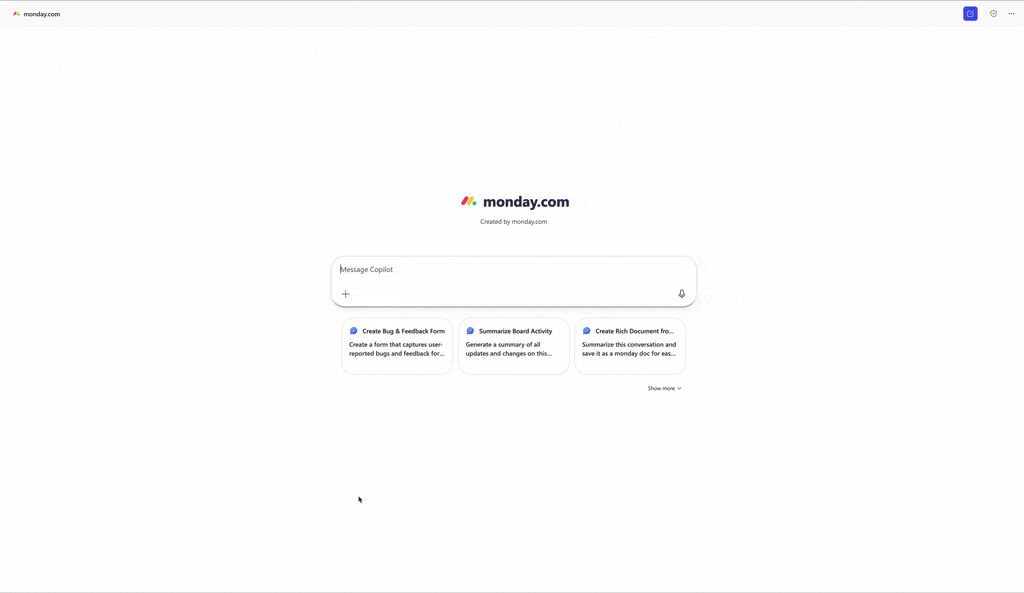 Microsoft 365 Copilot chat interface with monday.com connected for project and work management.