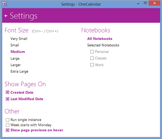 Settings menu in OneCalendar