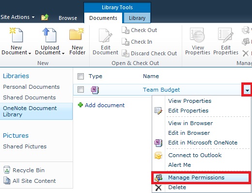 "manage permissions" is circled in a dropdown menu