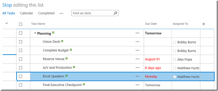 list of planning items in an excel document