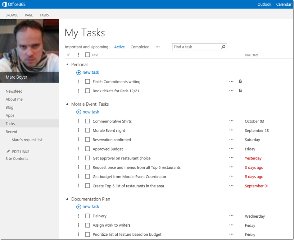 image Snapshot of "my tasks" page