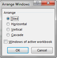 Using the Excel ribbon to arrange your windows. 