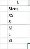 List of size options
