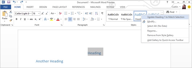 Update a style to match selection Screenshot of the heading style being updated to match selection