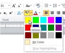 Highlighting colors in Word 2010
