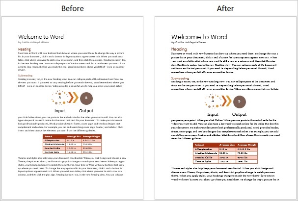 Before and after a theme font change Screenshot of a document before and after a theme font change