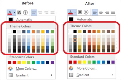 Theme color dropdown Screenshot of the Theme colors drop down before and after changing the theme