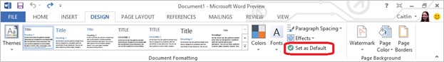 Set as default button Screenshot of the design tab with the Set as default button highlighted