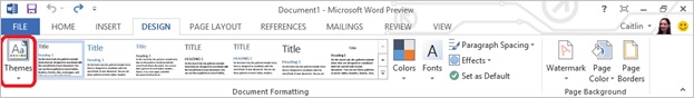Themes button Screenshot of the Design Tab with Themes button highlighted