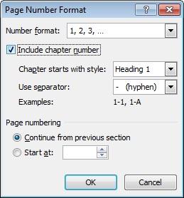 Chapter number settins in the Page Number Format dialog box