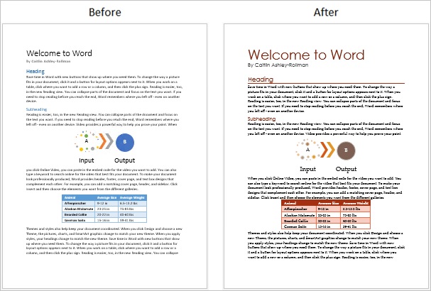 Before and after all style changes Screenshot of a doc before and after all style changes applied in this post