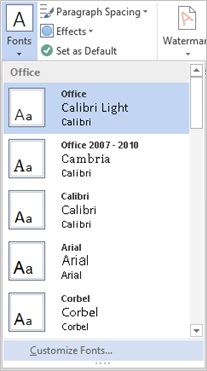 Theme fonts drop down Screenshot of the theme fonts drop down on the design tab
