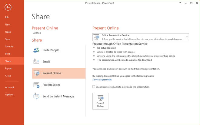 PresentOnline1 Present Online option window