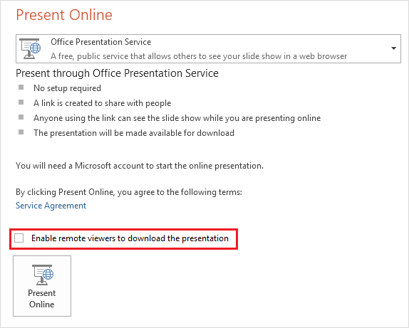 PresentOnline3 Present online menu options with "enable remove viewers to download the presentation" radio button selected