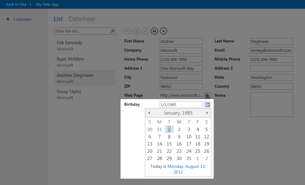 A birthday field is automatically added to the List view. A birthday field is automatically added to the List view.