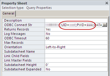 Property Sheet for a query, displaying the ODBC Connect Str property Property Sheet for a query, displaying the ODBC Connect Str property