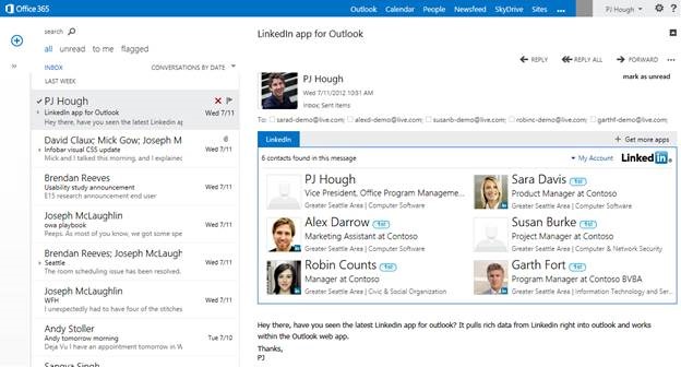 The LinkedIn app for Outlook activated in OWA, showing information about all the people included in an email conversation