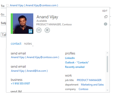 All information about a person from contacts, Global Address List and LinkedIn in one place