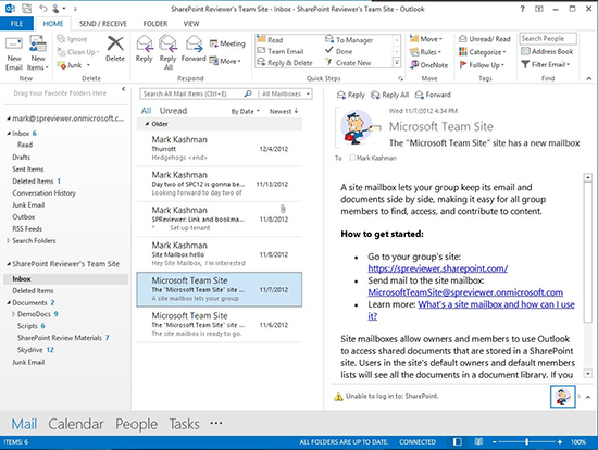outlook inbox with Microsoft Team Site email message