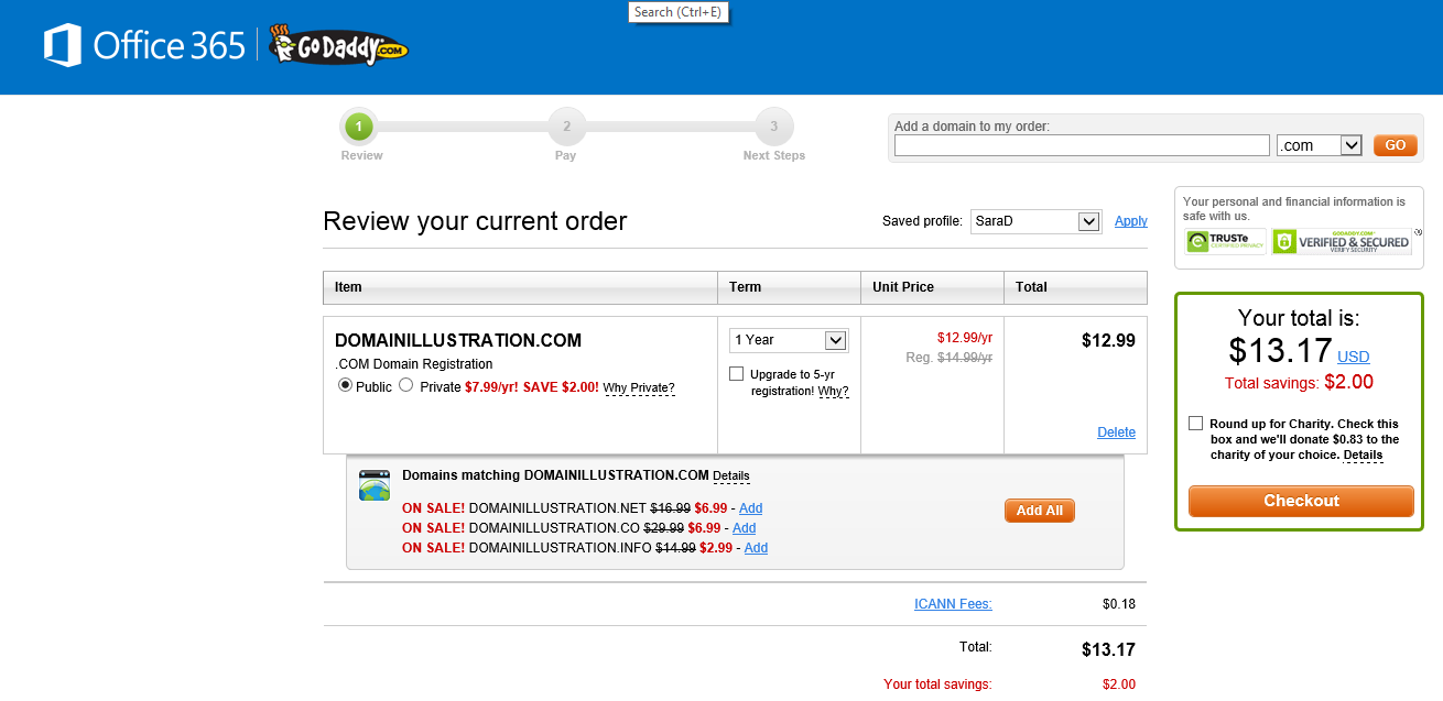 domain cost menu is displayed
