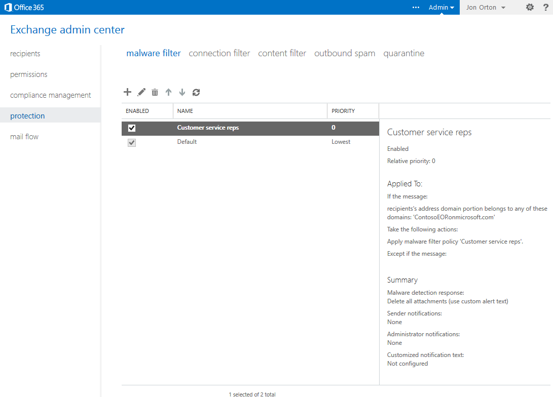 Exchange admin center malware filter settings menu