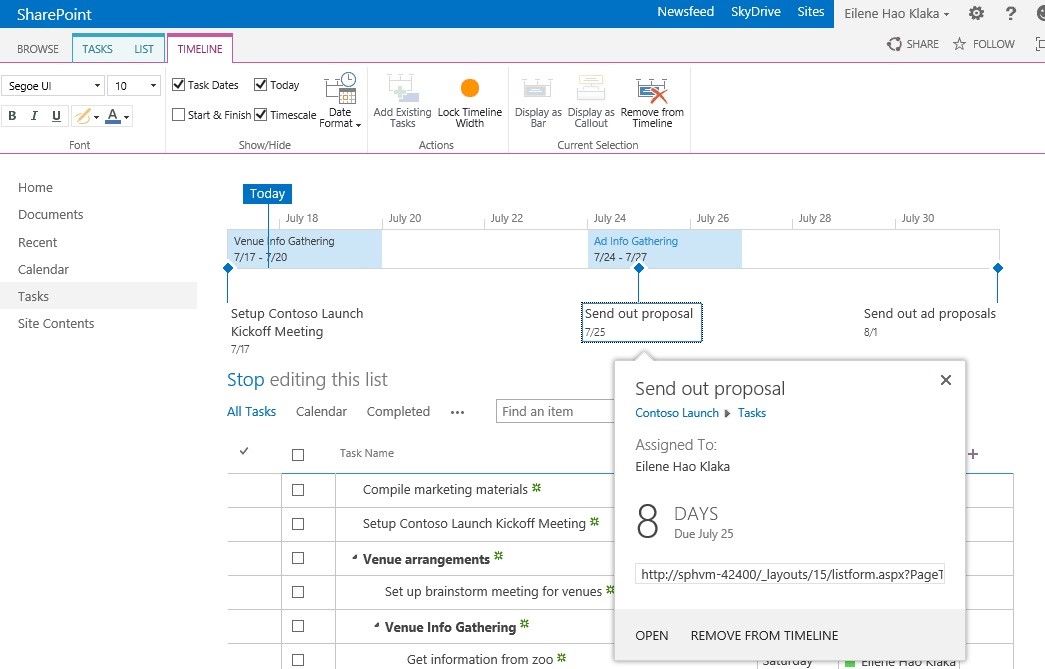 Setting up a sharepoint timeline
