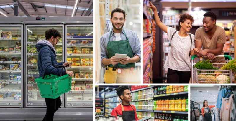 Collage of retail images. A person shopping with a handbasket in front of the freezer section of a grocery store, a sales associate in the lumber section of a hardware store, a couple shopping in a grocery story, two frontline workers assessing inventory in a grocery store and in a clothing store.