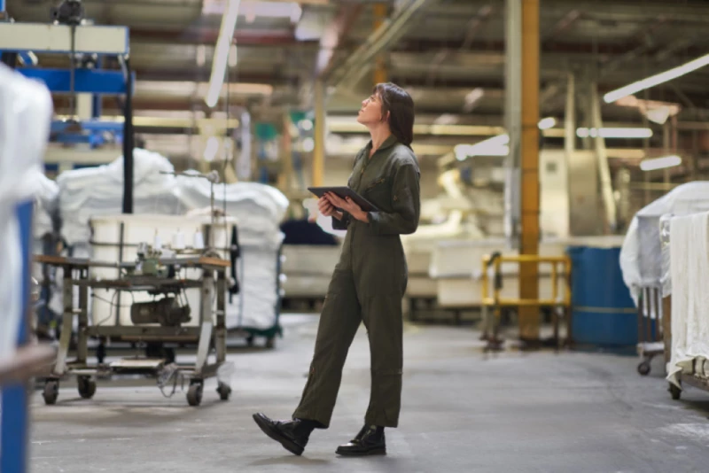 A manufacturing worker standing in a factory holding a tablet