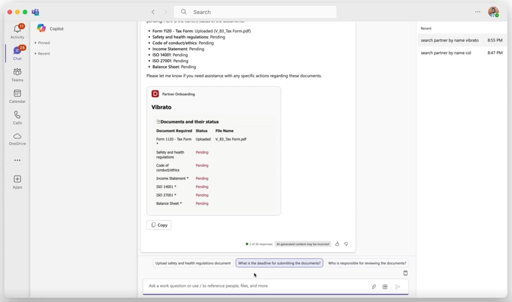 Demonstration of onboarding requirements and status. Using Copilot in Microsoft Teams, the user can ask questions about the status of required documentation, deadlines for submission, who the reviewers are, and more.