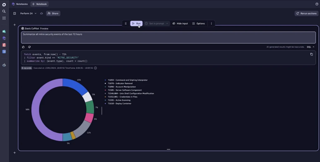 Using Davis&reg; Copilot, the user asks to summarize security events within the last 72 hours. A chart reflecting the incidents is generated.