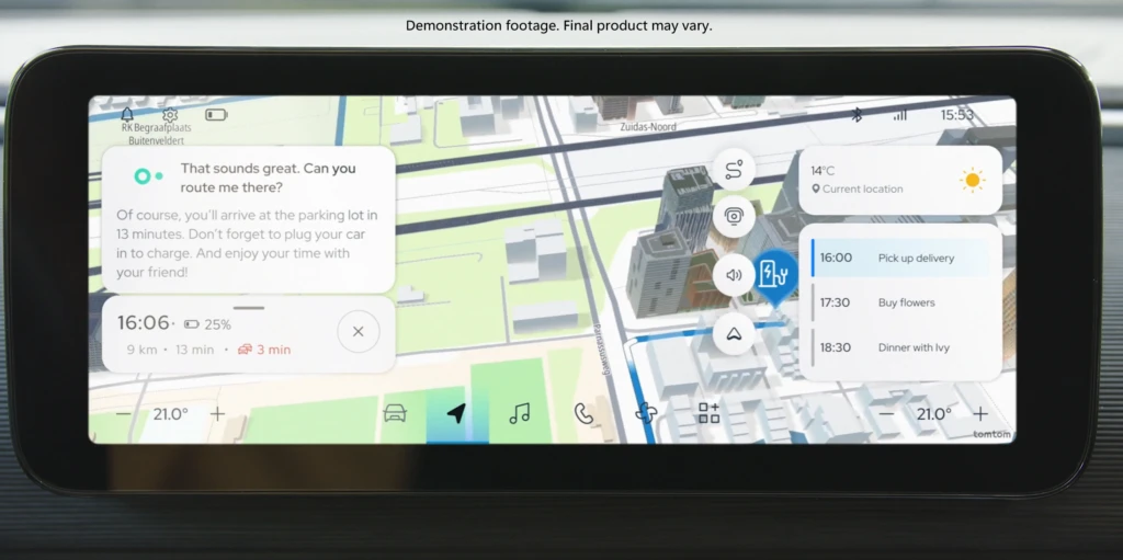 Demonstration image of TomTom in-car dashboard showing interaction between driver and Digital Cockpit. The driver asks for places to park near her destination. The copilot responds conversationally with suggestions on where to park, a view of how to get there, and optimizes suggestions based on the driver&rsquo;s need to charge her car. 