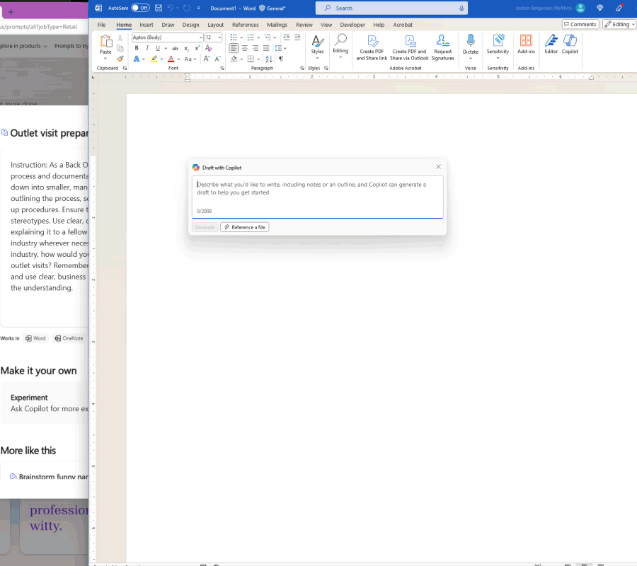 An animated sequence showing a blank Word document with the Microsoft Copilot chat ready. The user pastes a copied AI prompt into the Copilot chat, and Copilot generates a four page document based on the prompt specifications.