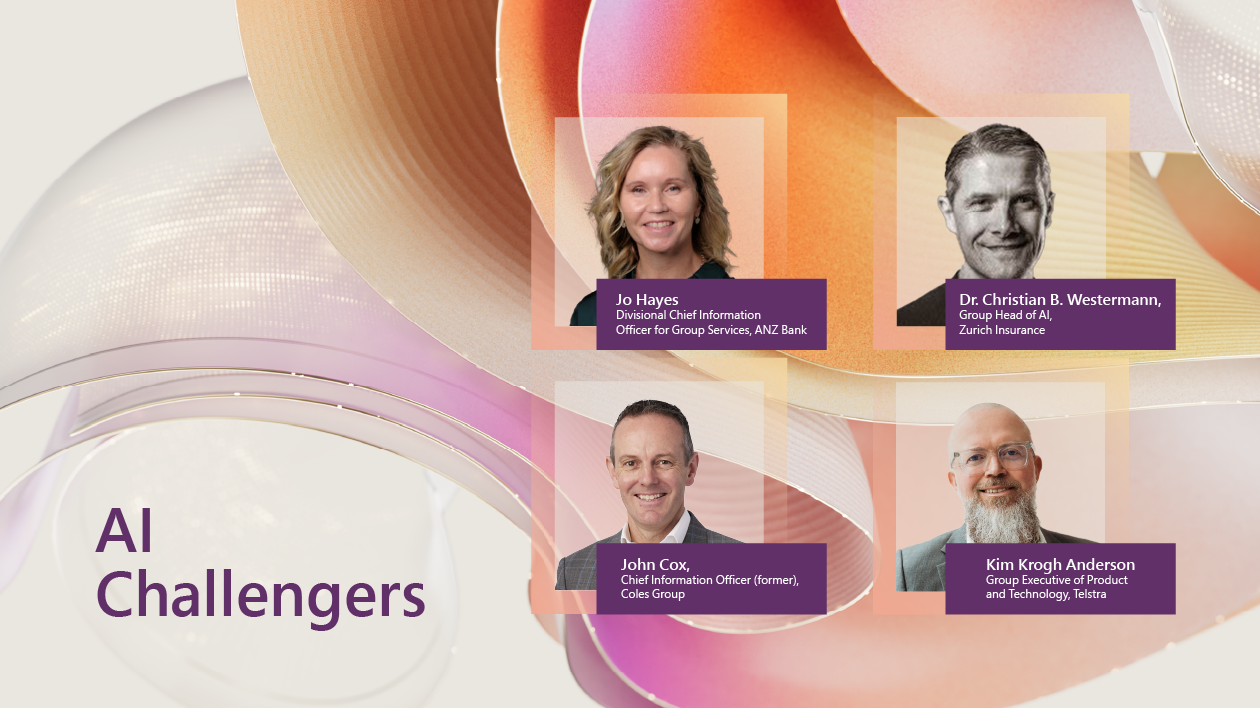 A decorative image that says AI Challengers and includes headshots of Jo Hayes, Dr. Christian B. Westermann, John Cox, and Kim Krogh Anderson.