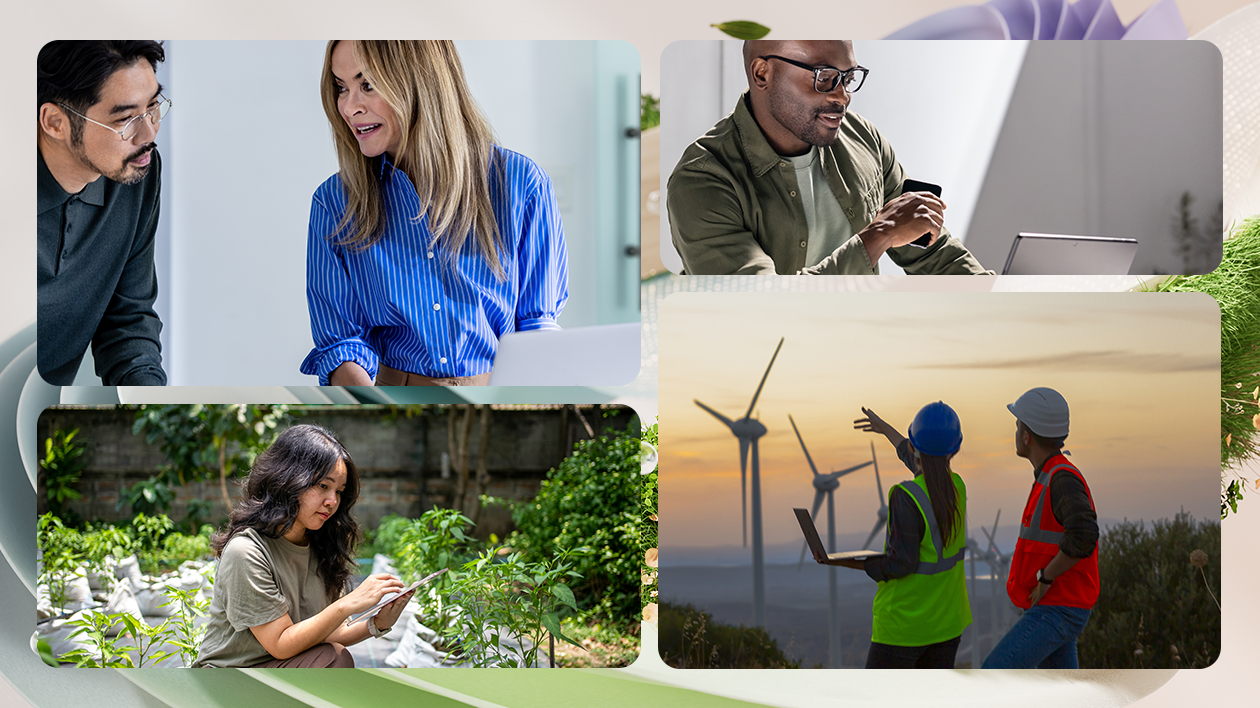 A collage of professionals working on sustainability projects