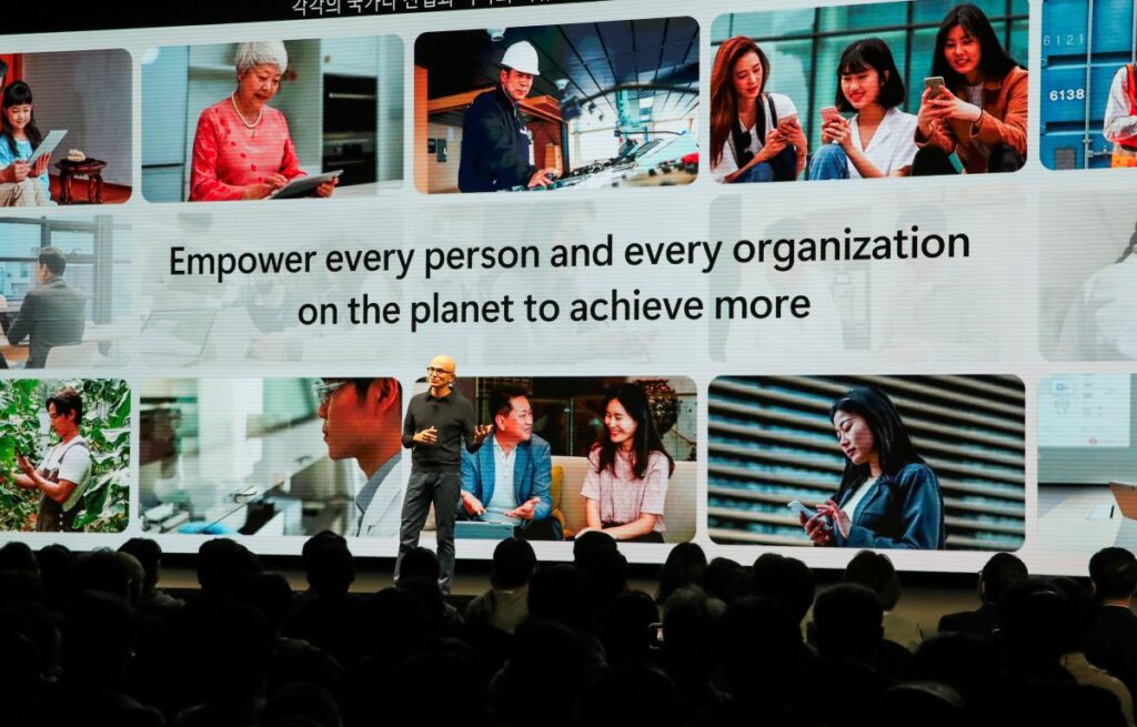 Microsoft Chairman and CEO Satya Nadella speaks during the AI Tour event in Seoul, Korea.