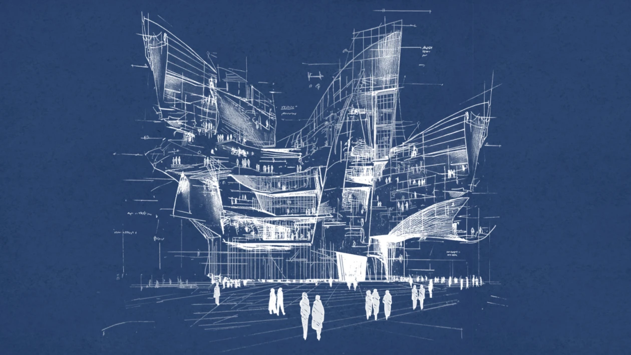 An artistic drawing of a building with people walking in front