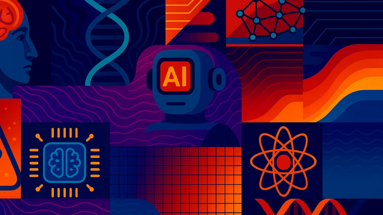 A colorful digital illustration featuring AI and technology symbols including a robot head with "AI" text, DNA helixes, neural networks, brain circuits, and atomic symbols in vibrant blue, red, and orange colors.