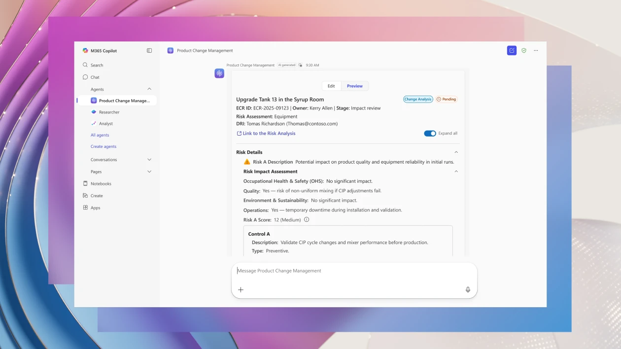 Example of UI for Product Change Management agent template from Microsoft on an abstract background of white, peach, and pink.