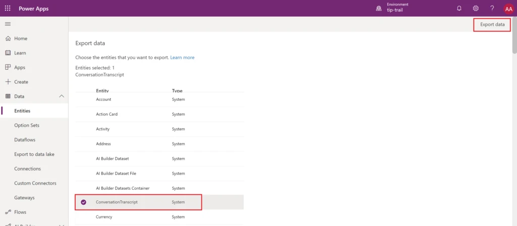 Entities export data tab screenshot