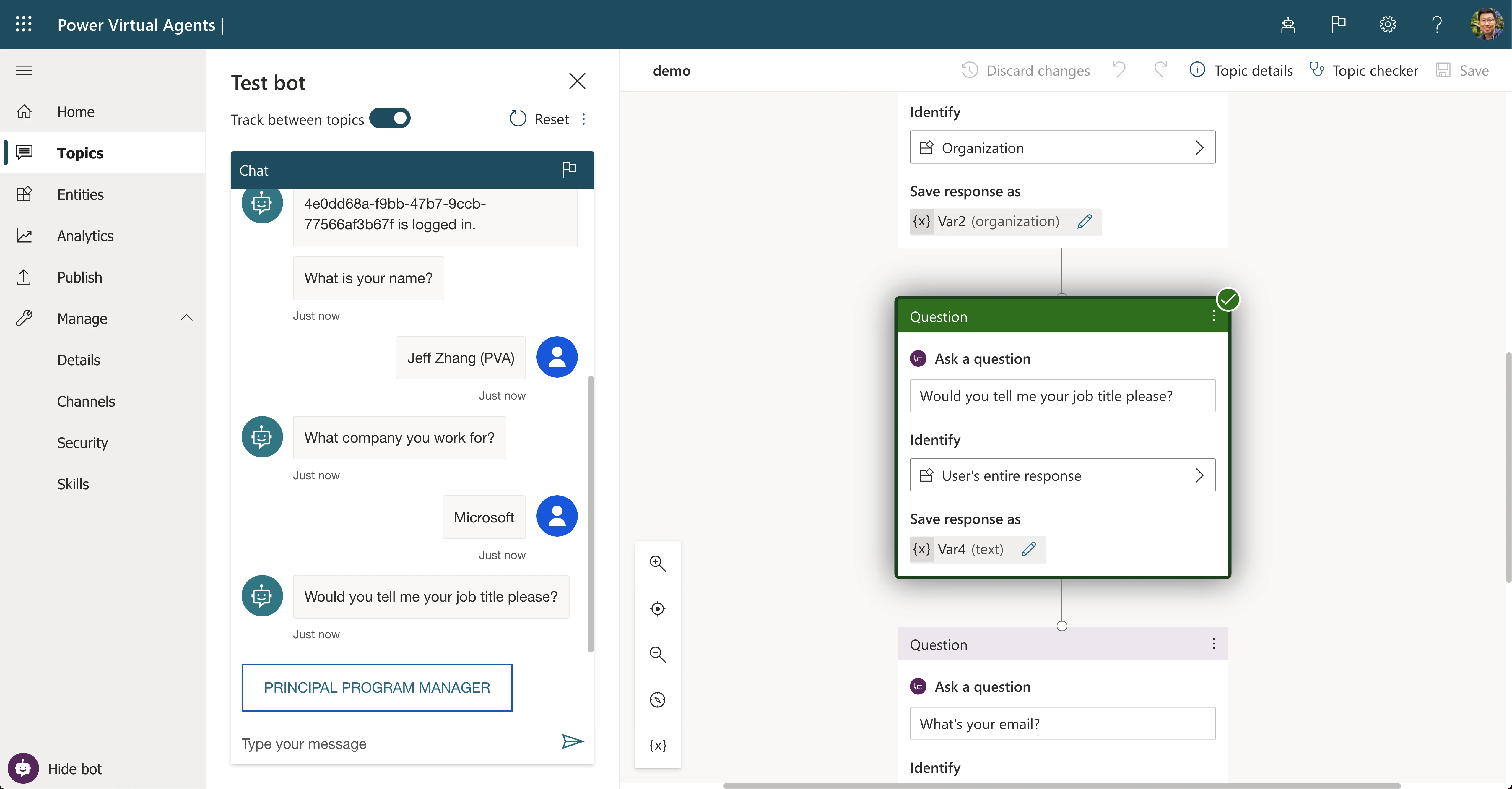 Through the course of conversations with a user, the bot will reuse information from Microsoft Graph and Microsoft Azure Active Directory, leveraging it to enhance and personalize future conversations.