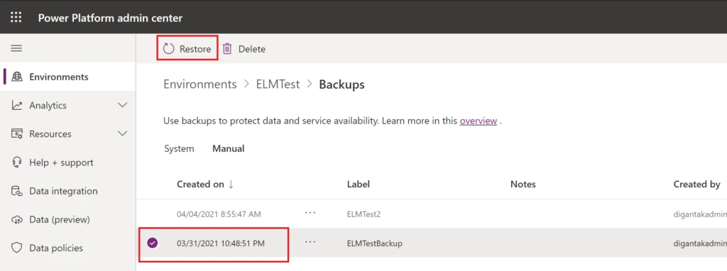 Restore environment in Microsoft Power Platform Admin Center